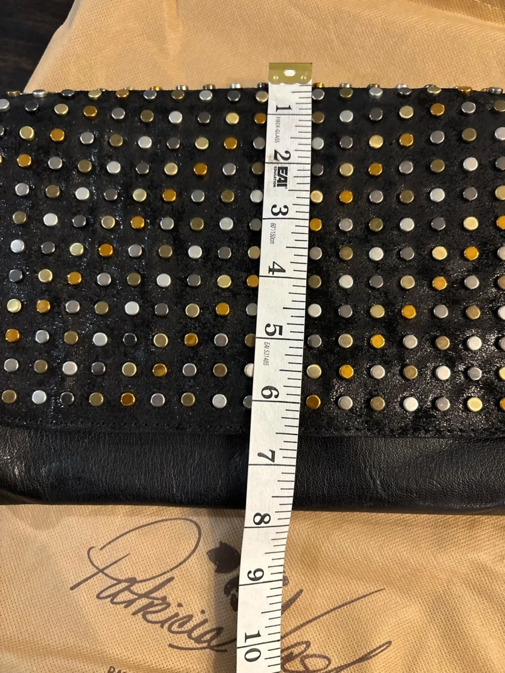 Patricia Nash Black Leather Fold-Over Clutch shoulder bag Mixed Metal Studs